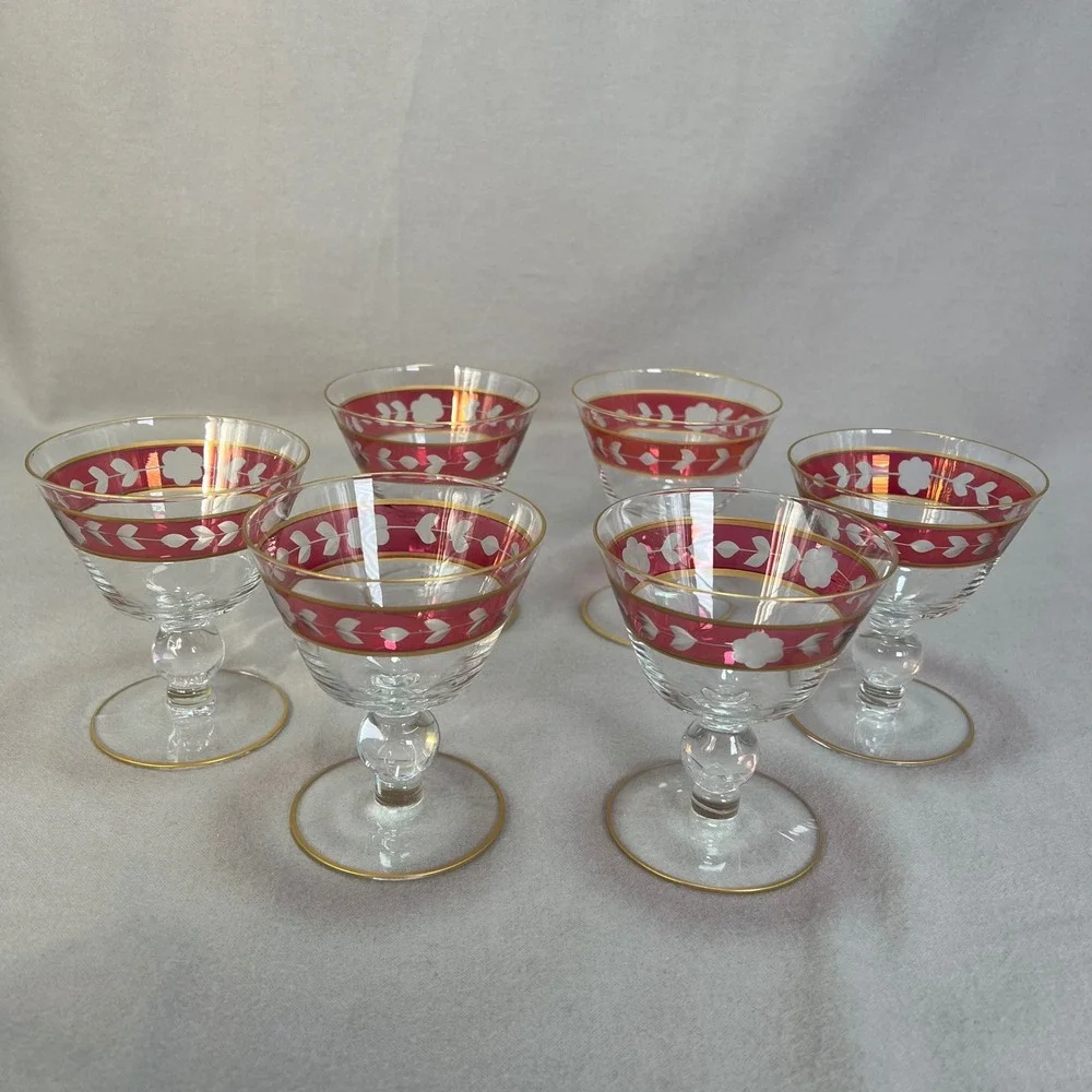 Vintage Cranberry Etched Glass Sherbet Coupes‎ Set of 6 Gold Rim Floral Bohemian